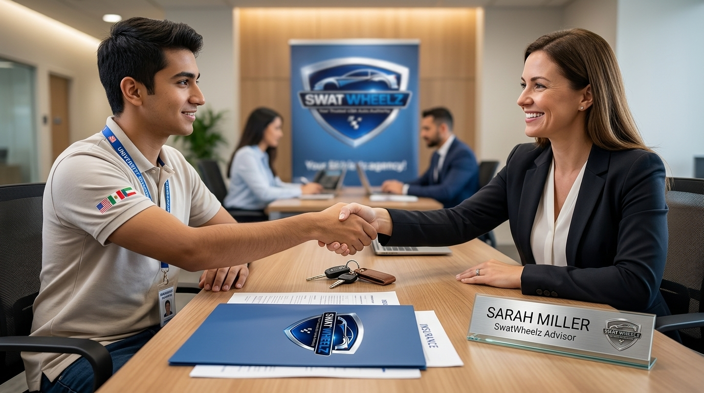 International student successfully buying full coverage auto insurance from a top U.S. company.